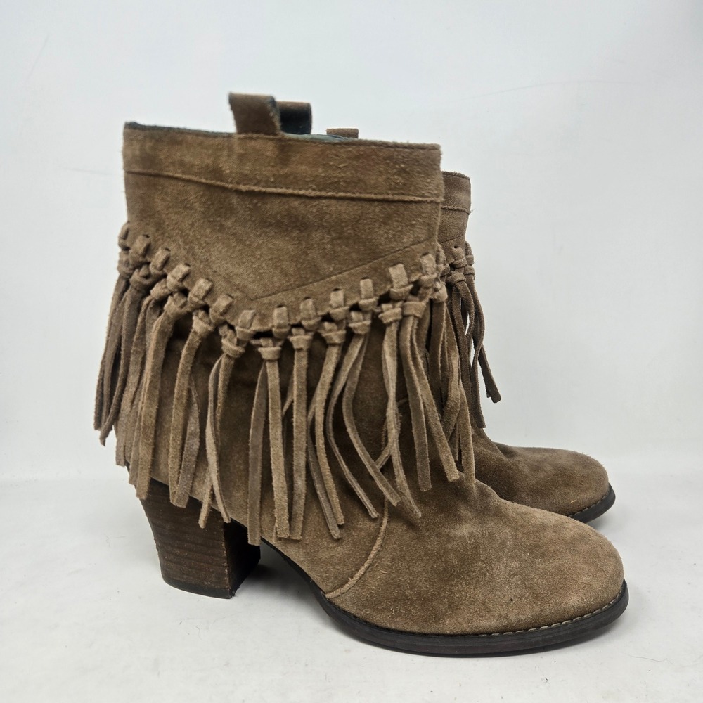 Sbicca Vintage Collection Brown Suede Fringe Ankle Boots Womens 9 Stacked Heel
